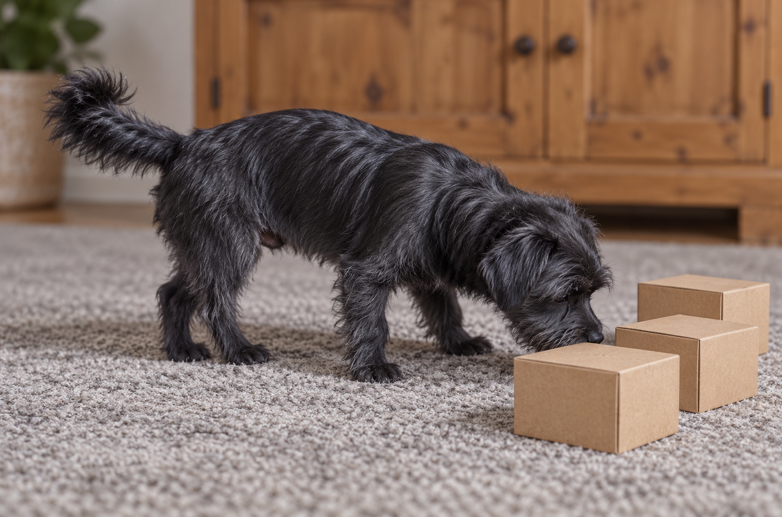 Sort hund snuser til tre papkasser Nose Work - Hund arbejder med næsen